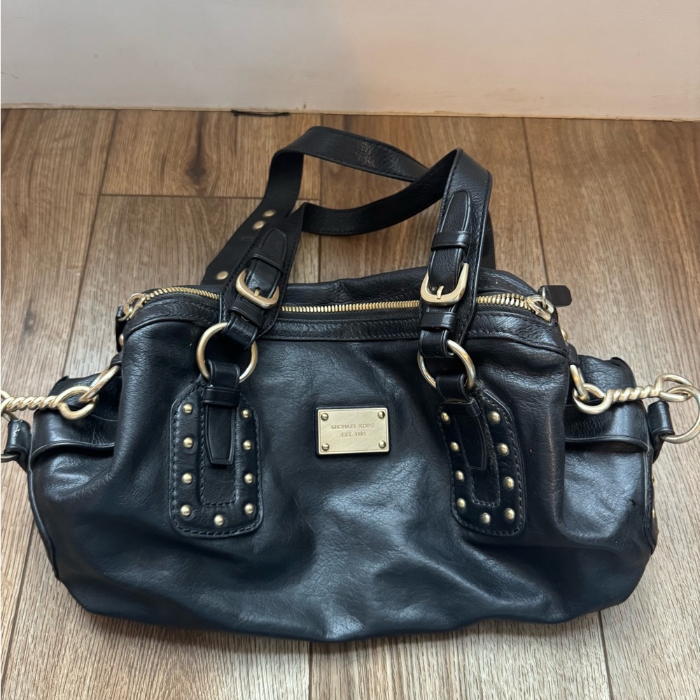 Michael Kors Black Leather Shoulder Bag with Gold Accents